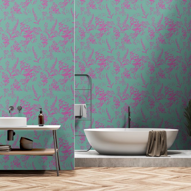 Colourful Hot Pink & Blue Botanical Wildflower Wallpaper (Bathroom)