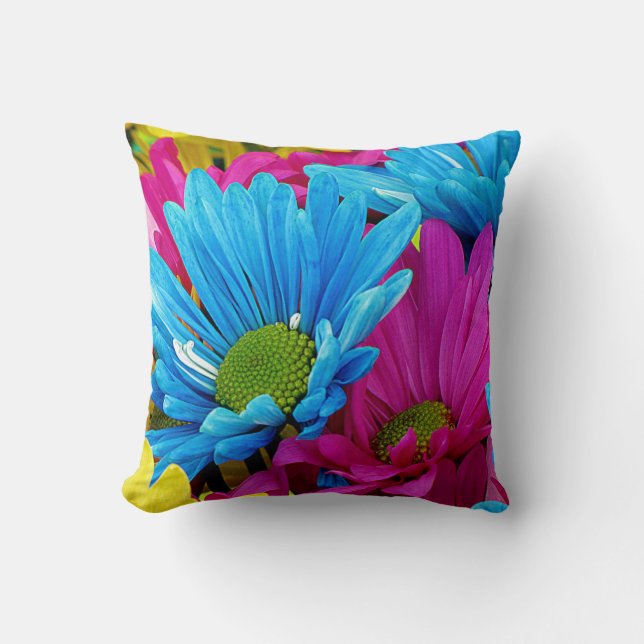 Colourful Hot Pink Teal Blue Gerber Daisies Flower Cushion (Front)