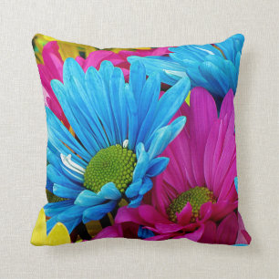 Colourful Hot Pink Teal Blue Gerber Daisies Flower Cushion