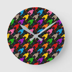 Colourful Houndstooth Pattern Black Round Clock