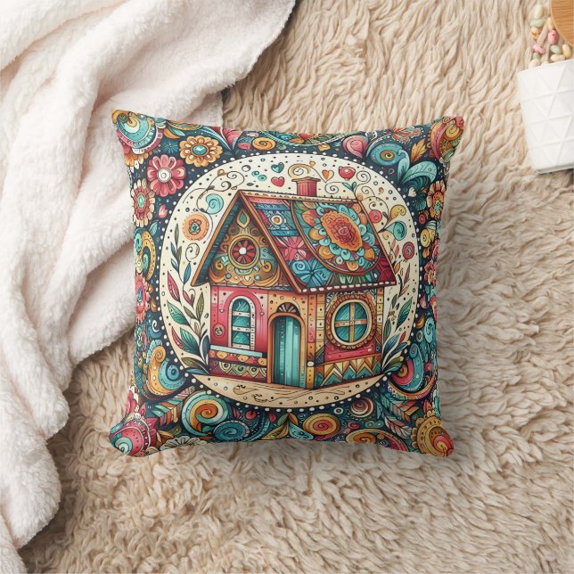 Colourful house in a floral paradise cushion (Blanket)