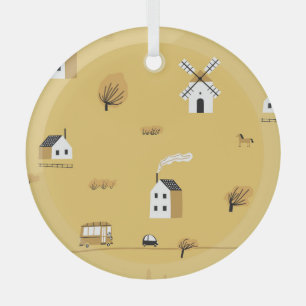 Colourful house, trees, horses landscape glass tree decoration