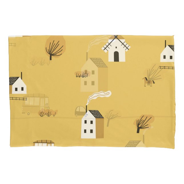 Colourful house, trees, horses landscape pillowcase (Front)