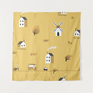 Colourful house, trees, horses landscape tapestry