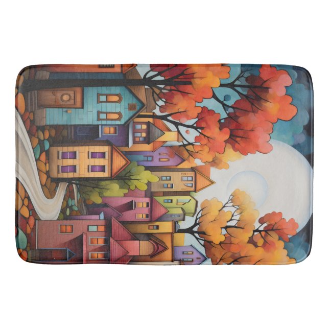 Colourful houses and trees in the fall bath mat (Front)