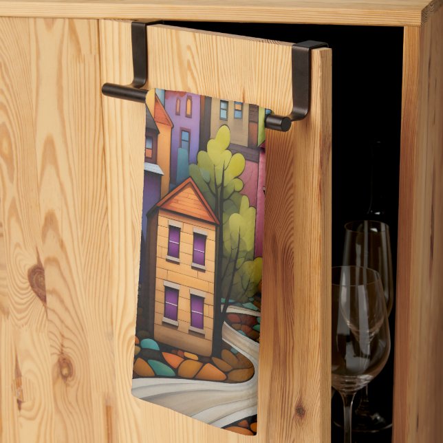 Colourful houses and trees in the fall tea towel (Thirds Fold)