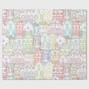 Colourful houses line art pattern wrapping paper