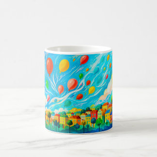 Colourful houses with balloons in windy sky coffee mug