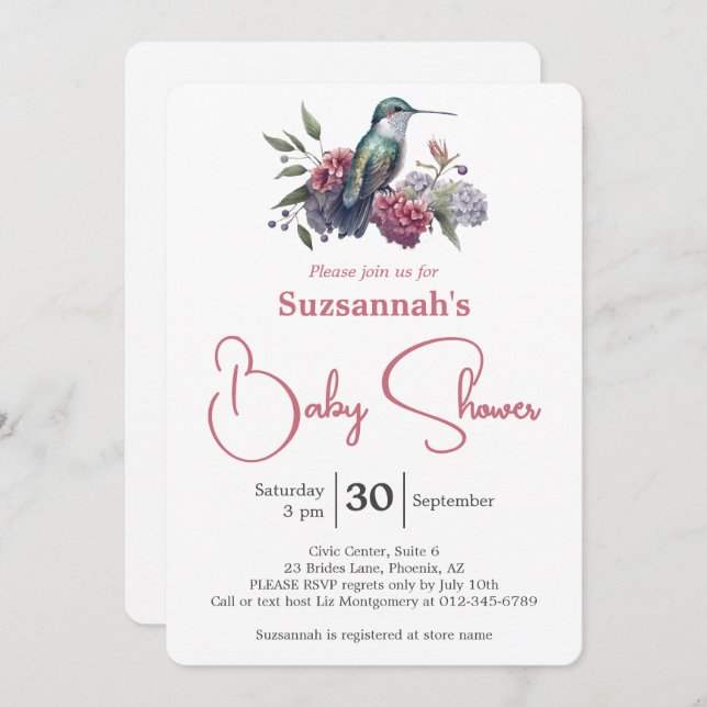 Colourful Hummingbird and Flowers Baby Shower Invitation (Front/Back)