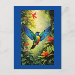 Colourful Hummingbird, blue frame, Postcard