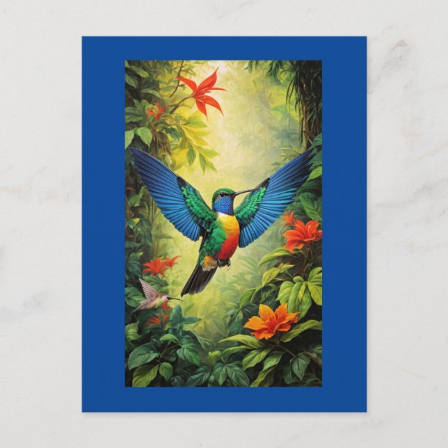 Colourful Hummingbird, blue frame, Postcard (Front)
