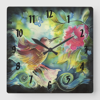 Colourful Hummingbird Digital Silk Art Square Wall Clock