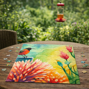 Colourful Hummingbird Floral Watercolor Garden  Jigsaw Puzzle