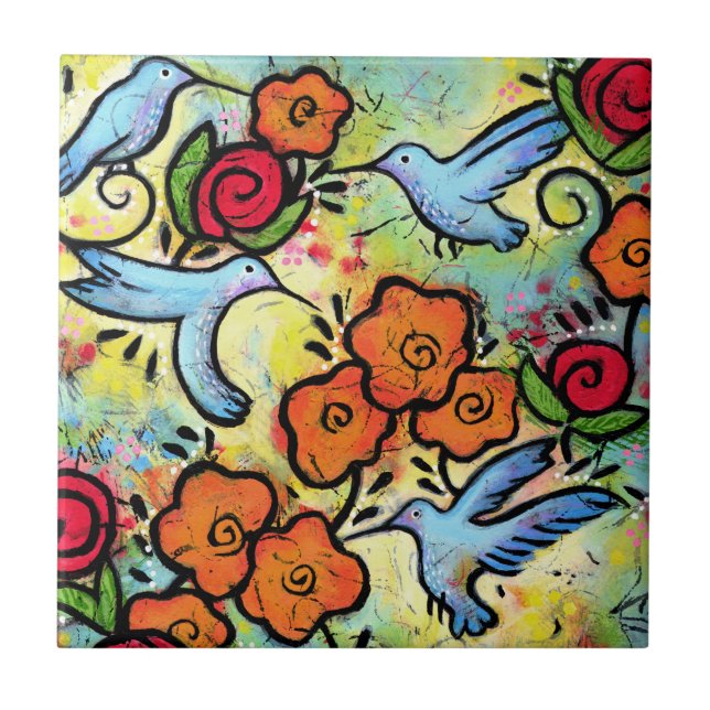 Colourful Hummingbird Garden Ceramic Tile (Front)