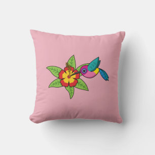 Colourful Hummingbird on Hibiscus Tropical Flower Cushion