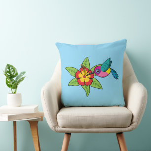 Colourful Hummingbird on Hibiscus Tropical Flower Cushion