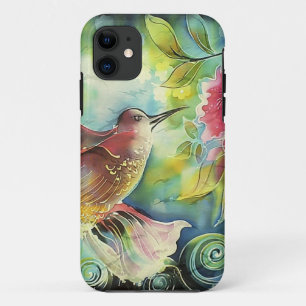 Colourful Hummingbird Silk Art Painting iPhone 11 Case
