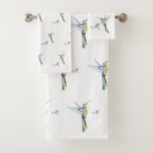 Colourful Hummingbird watercolor Monogram initial Bath Towel Set