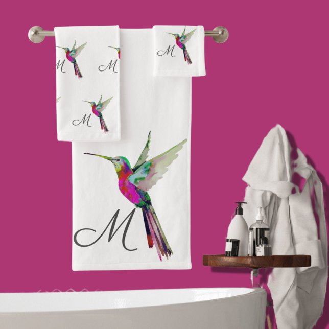 Colourful Hummingbird watercolor Monogram initial  Bath Towel Set (Creator Uploaded)