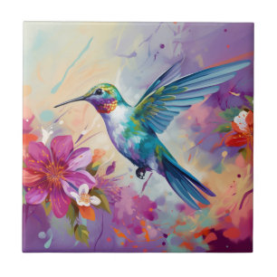 Colourful Hummingbird with Flowers Ceramic Tile