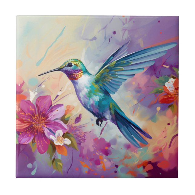 Colourful Hummingbird with Flowers Ceramic Tile (Front)