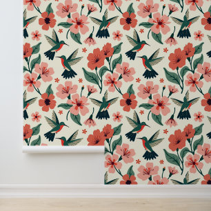 Colourful Hummingbirds and Floral Pattern Wallpaper
