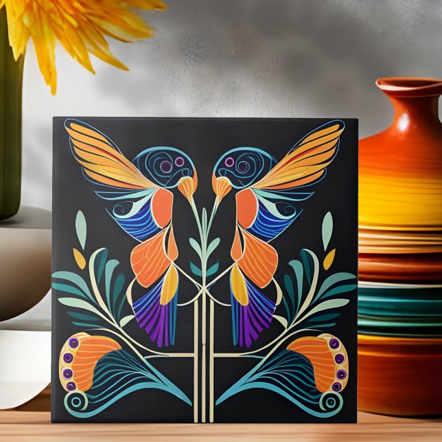 Colourful Hummingbirds Art Nouveau Art Deco Ceramic Tile (Creator Uploaded)