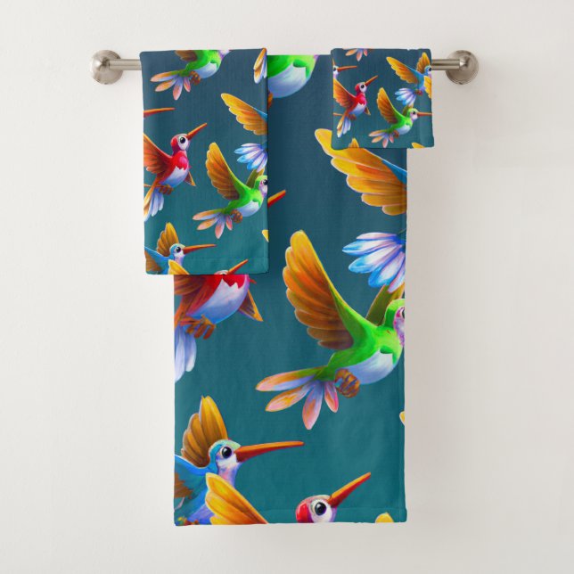 Colourful Hummingbirds in Flight Bath Towel Set (Insitu)
