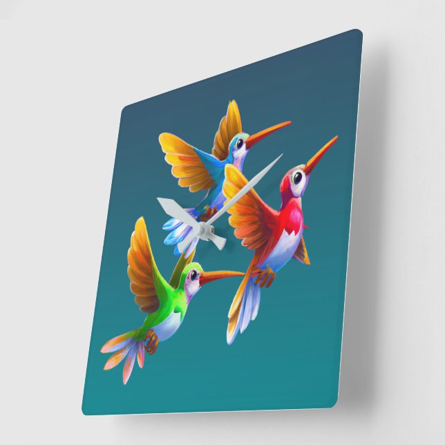Colourful Hummingbirds in Flight Square Wall Clock (Angle)