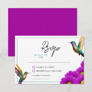 Colourful Hummingbirds Purple Daisies Wedding RSVP Card