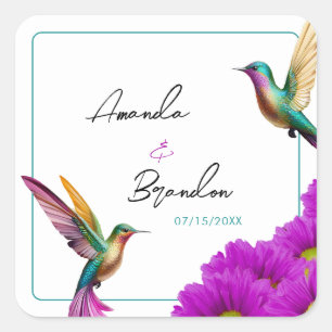 Colourful Hummingbirds Purple Daisies Wedding Square Sticker