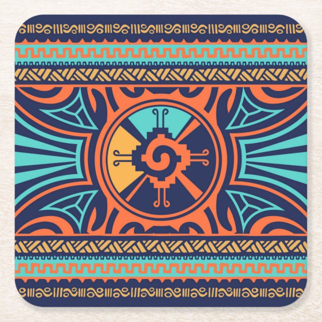 Colourful Hunab Ku Mayan symbol Square Paper Coaster (Front)
