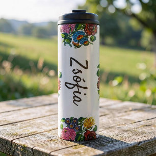 colourful hungarian flowers - custom name thermal tumbler