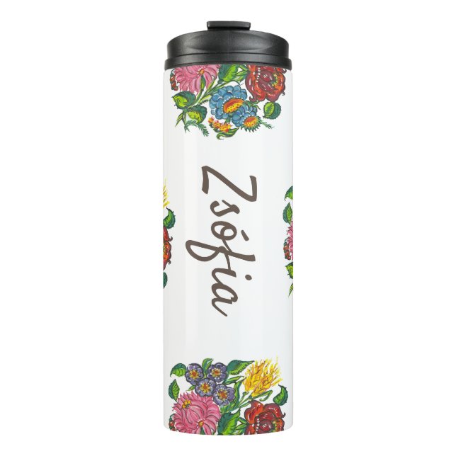 colourful hungarian flowers - custom name thermal tumbler (Front)