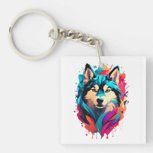 Colourful Husky Dog Head Vibrant Husky Lovers Key Ring