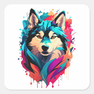 Colourful Husky Dog Head Vibrant Husky Lovers Square Sticker