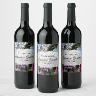 Colourful Hydrangea Flowers Wedding Wine Label
