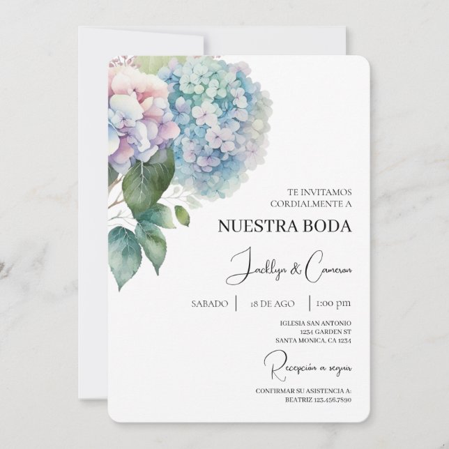 Colourful Hydrangea Spanish Wedding Invitation (Front)