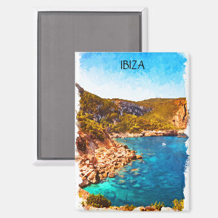 Colourful Ibiza Spain Watercolor Landscape Magnet