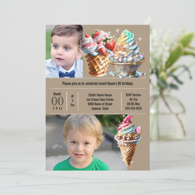 Colourful ice cream candy summer DIY photo kids Invitation (Standing Front)