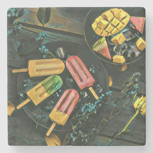 Colourful ice cream cone popsicle stone coaster (Front)