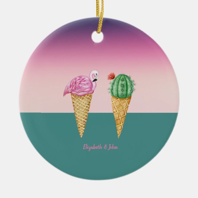 Colourful Ice Cream Cones Cactus Pink Flamingos Ceramic Ornament (Front)