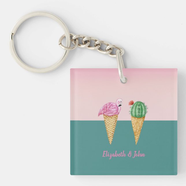Colourful Ice Cream Cones Cactus Pink Flamingos Key Ring (Front)