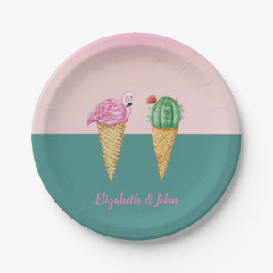 Colourful Ice Cream Cones Cactus Pink Flamingos Paper Plate