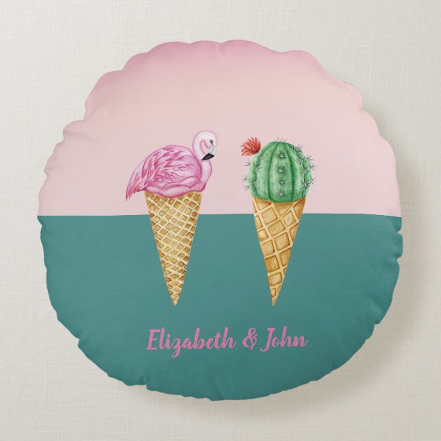 Colourful Ice Cream Cones Cactus Pink Flamingos Round Cushion (Front)