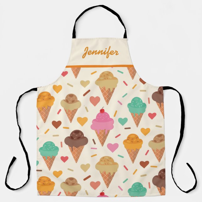 Colourful Ice Cream Cones with Hearts custom name  Apron (Front)