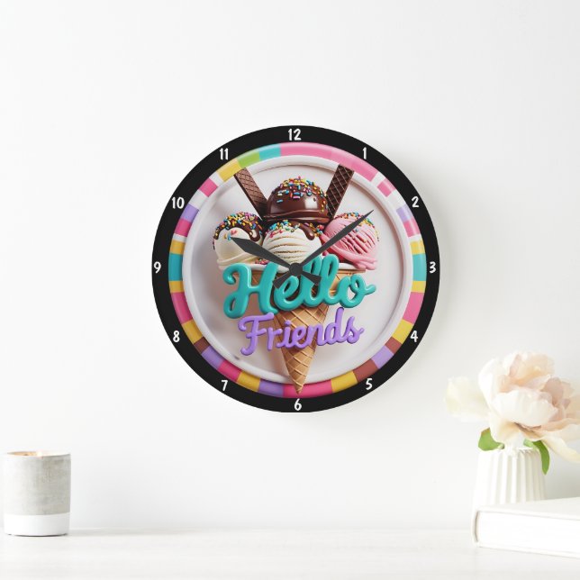 Colourful Ice Cream Fun Sprinkles Friendly Message Large Clock (Home)