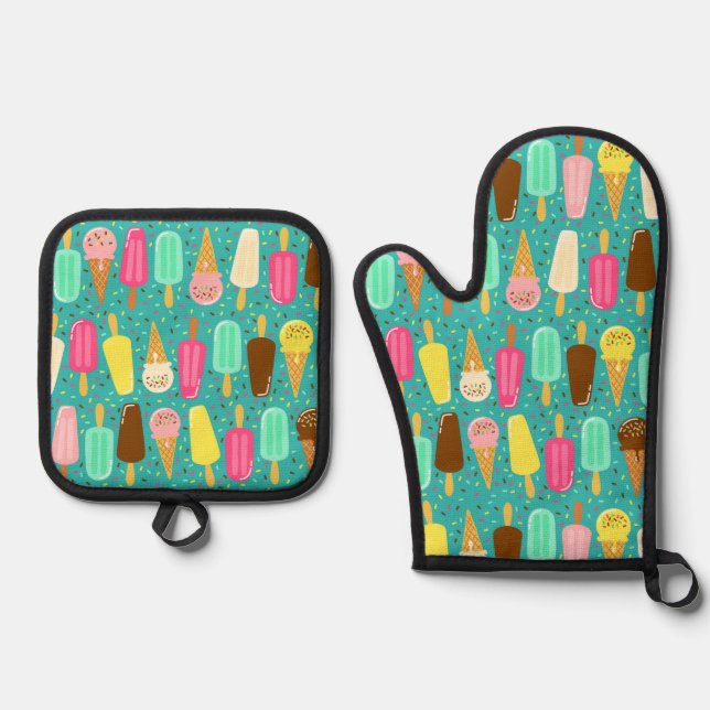 Colourful Ice Cream Pattern Summer  Oven Mitt & Pot Holder Set (Front)