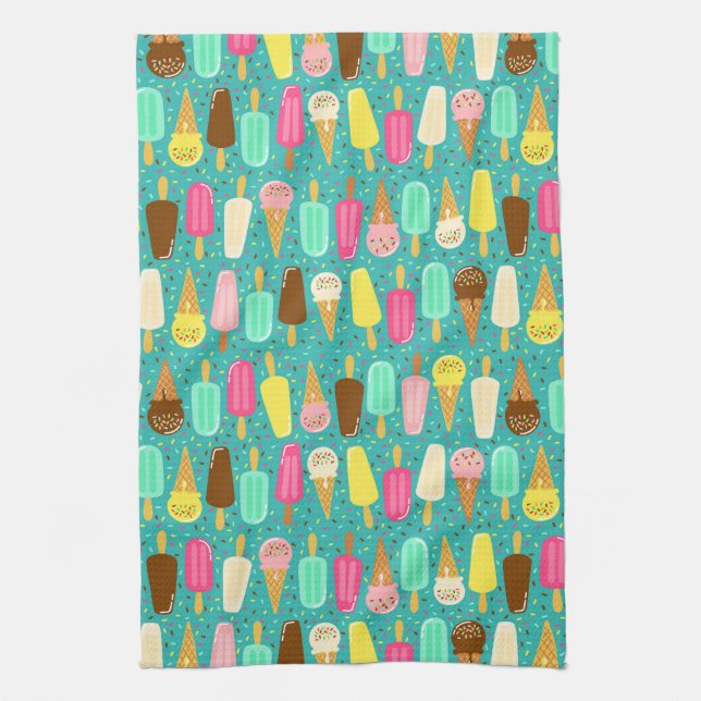 Colourful Ice Cream Pattern Summer  Tea Towel (Vertical)