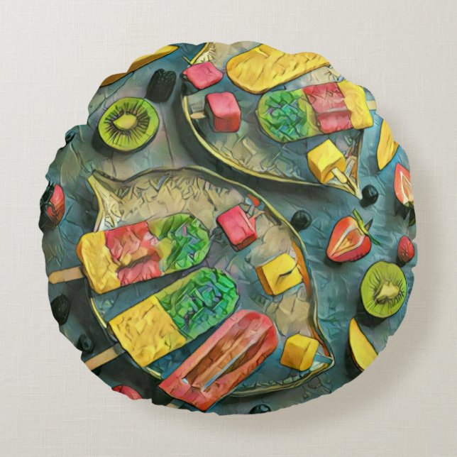 Colourful ice cream popsicles fruits round cushion (Front)